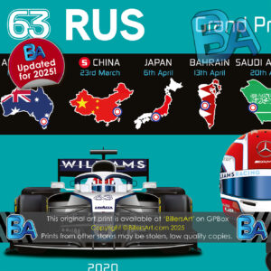 George Russell 2025 Mercedes Formula 1 Car. Very High Quality Illustration from the Sports Car Racing Art store collection.