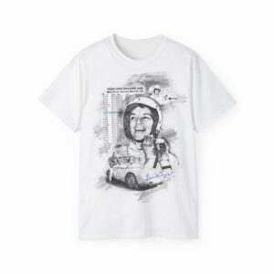 Denise McCluggage white unisex Cotton T-Shirt from the Sports Car Racing Clothing store collection.