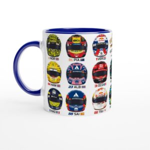 Formula 1 2025 All Driver Helmets Mug. All helmets featured from the Max Verstappen store collection.