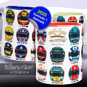 Formula 1 2025 All Driver Helmets Mug. All helmets featured from the Max Verstappen store collection.