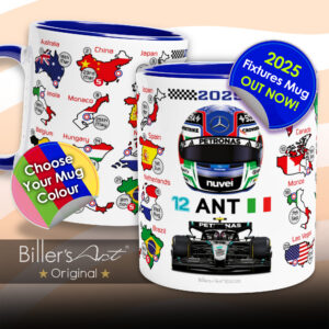 Andrea Kimi Antonelli's 2025 Formula 1 Helmet and Car High Quality Calendar Mug from the Sports Car Racing Gifts store collection.