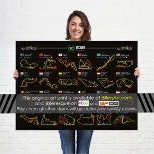Formula 1 2025 Season Info Calendar Poster on Black Landscape from the Race Track Wall Art store collection.