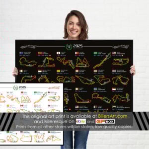 Formula 1 2025 Season Info Calendar Poster on Black Landscape from the Race Track Wall Art store collection.