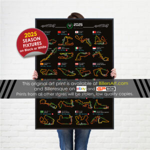 Formula 1 2025 Season Info Calendar Poster on Black Race Track Wall Art by Billeresque