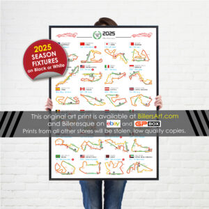 Formula 1 2025 Season Info Calendar Poster on White from the Race Track Wall Art store collection.