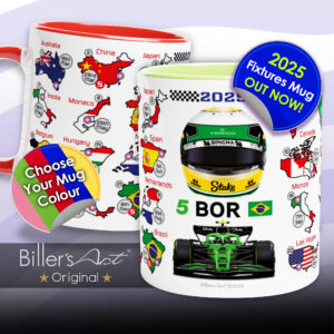 Gabriel Bortoleto's 2025 Formula 1 Helmet and Car High Quality Calendar Mug from the Sports Car Racing Gifts store collection.