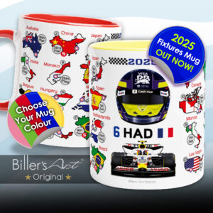 Isack Hadjar's 2025 Formula 1 Helmet and Car High Quality Calendar Mug from the Sports Car Racing Gifts store collection.