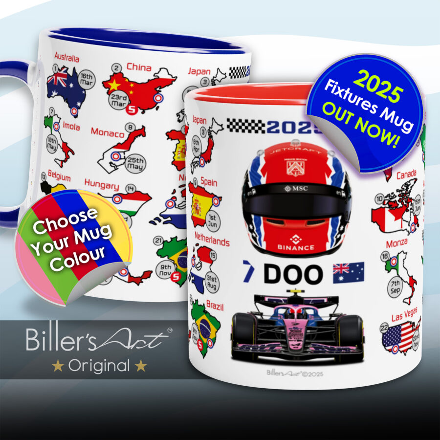 Jack Doohan's 2025 Formula 1 Helmet and Car High Quality Calendar Mug from the Sports Car Racing Gifts store collection.