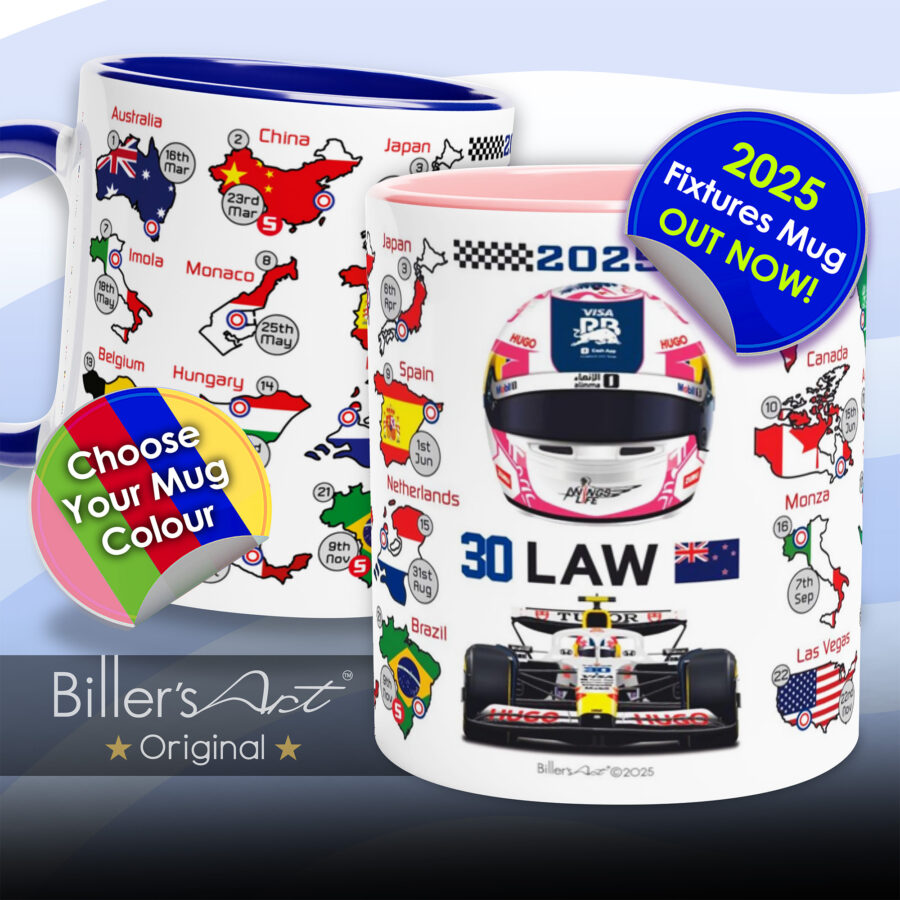 Liam Lawson's 2025 Formula 1 Helmet and Car High Quality Calendar Mug from the Sports Car Racing Gifts store collection.