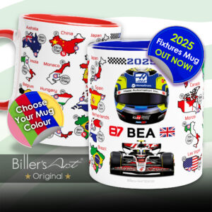 Oliver Bearman's 2025 Formula 1 Helmet and Car High Quality Calendar Mug from the Sports Car Racing Gifts store collection.