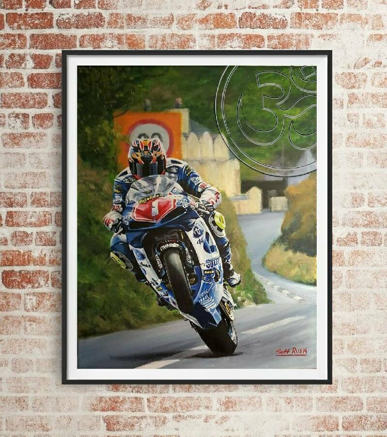 David Jefferies limited edition art print by Jeff Rush Motorcycle racing poster road racing poster isle of man TT poster gifts for bikers from the Sports Car Racing Fine Art Originals store collection.