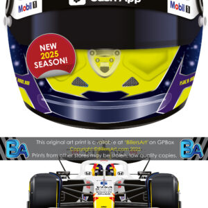 Isack Hadjar's 2025 Helmet and Racing Bulls Racing Car. A Very High Quality Illustration from the F1 Helmets store collection.