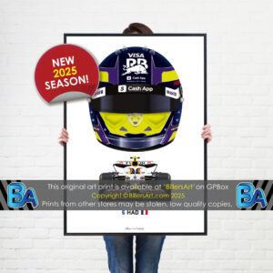 Isack Hadjar's 2025 Helmet and Racing Bulls Racing Car. A Very High Quality Illustration from the F1 Helmets store collection.