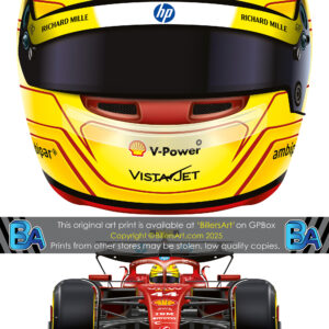 Lewis Hamilton's 2025 Helmet and Ferrari Racing Car. A Very High Quality Illustration from the F1 Helmets store collection.