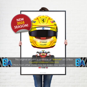 Lewis Hamilton's 2025 Helmet and Ferrari Racing Car. A Very High Quality Illustration from the F1 Helmets store collection.