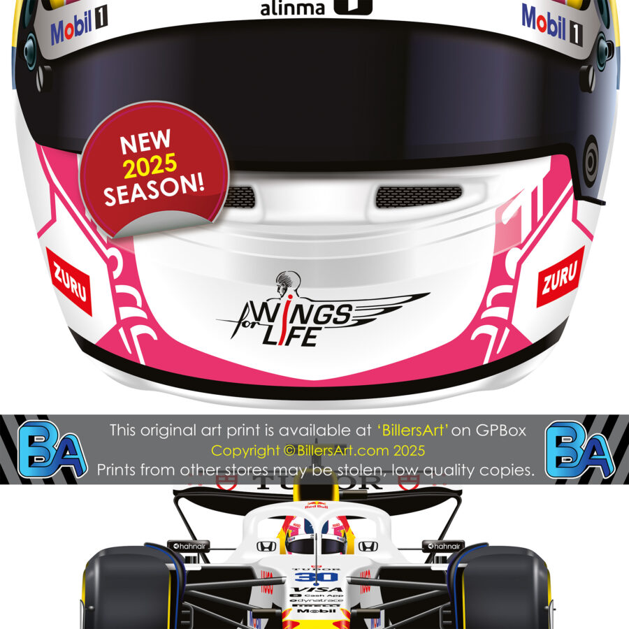 Liam Lawson's 2025 Helmet and Racing Bulls Racing Car. A Very High Quality Illustration from the F1 Helmets store collection.