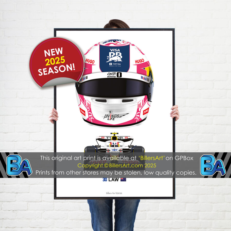 Liam Lawson's 2025 Helmet and Racing Bulls Racing Car. A Very High Quality Illustration from the F1 Helmets store collection.