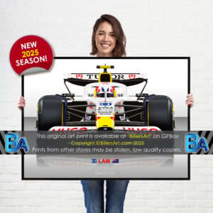 Liam Lawson's 2025 Racing Bulls Racing Car. A Very High Quality Illustration from the Sports Car Racing Gifts store collection.