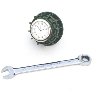 F08: Lotus F1 wheel nut desk table top clock guys mans office Formula 1 motorsport racecar engineering car racing driving gift from the Sports Car Racing Gifts store collection.